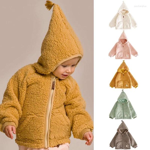 Chaquetas coreanas para niños, ropa de invierno 2023, cárdigan de felpa con capucha, abrigo tejido polar suave y cálido para bebés, niños y niñas
