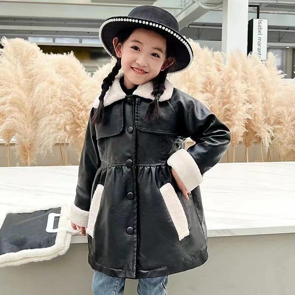 Vestes Version coréenne du manteau en cuir pour filles automne et hiver bébé Cool noir moto pince en peluche épais haut