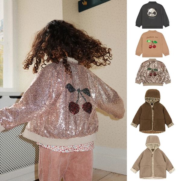 Vestes Ks garçons Panda Sequin polaire vêtements d'extérieur filles mignon cerise broderie veste enfants épaissir manteau à capuche garder au chaud sweat 231026