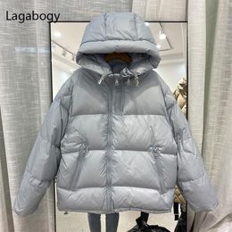 Jaquetas lagabogia 2022 inverno 90%pato branco jacket lomin feminino com capuz curto zíper quente parka feminina casual espessa bosque de neve de neve