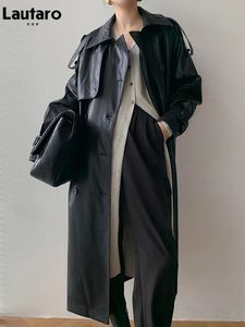 Jackets Lautaro Autumn Long Oversized Black lederen trench jas voor vrouwen Raglan lange mouw dubbele borsten bruine Koreaanse mode