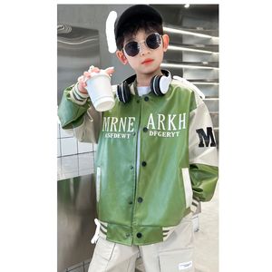 Jackets Letter Print Boy's Faux Leather Jacket Kids Streetwear Bomber Coats Baseball Uniform Outerwear Contrast Kleur Kinderkleding 230817