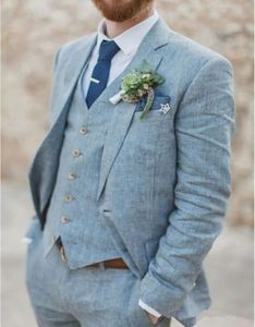 Vestes Costumes de mariage en lin bleu clair pour hommes plage de plage terno slim fit marié personnalisé 3 pièces smoking vestidos (veste + pantal + gilet)