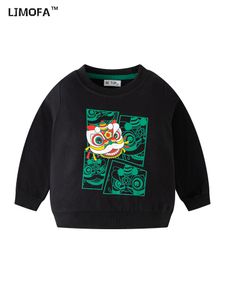 Vestes LJMOFA Sweat à capuche pour enfants Creative Design Vêtements pour enfants Automne Chinois Danse du Lion Bébé Pull Cool Casual Garçon Streetwear Tops D177 230329