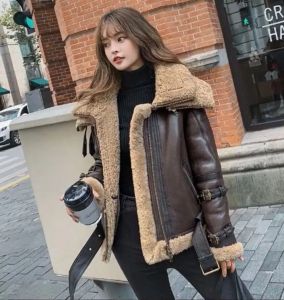 Vestes de luxe 2023 hiver femmes manteau de cisaillement en peau de mouton naturel 100% laine doublure moto Biker veste double couche col marron XXXXL