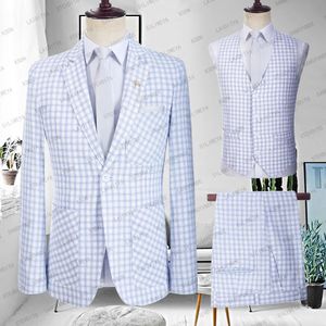 Jassen Mannelijke Bruiloft Nieuwe 2023 Zomer Zakelijke Formele Blauwe Plaid Pak Slim Fit Jas Broek Mannen Jurk Blazers Broek Vest 3 Stuk