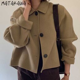 Jackets Matakawa Korean Fashion Vintage Turn Down Collar Casual Loose Puff Sleeve Wollen Short Women Coat massief Veste Femme Y2210