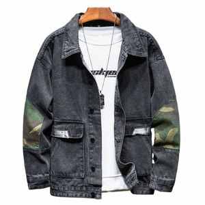 Vestes Veste en jean pour homme, veste en jean, couture camouflage, ample, grande taille, veste de moto, streetwear, manteau original pour homme, U0jd #