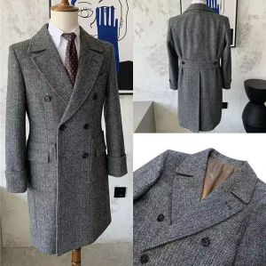 Jackets herenpak lange jas zwart witte visgraat wol tweed middellange bussiness retro verdikking jasje voor bruiloft/bedrijf