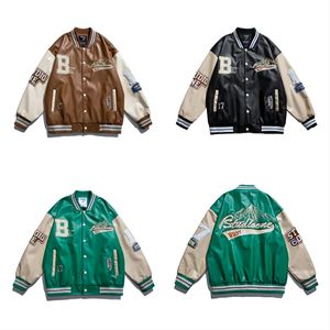 Vestes Hommes Varsity PU Cuir Hommes Femmes Vintage Broderie Lettre Patchwork Collège Manteaux Hip Hop Bomber Manteau Unisexe Baseball Veste