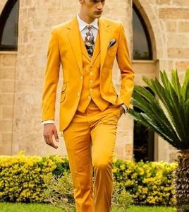 Jassen Mosterdgeel Mode Heren Slim Fit Custom Suits Mannen Business Prom Wedding Suits 3-delige set Tre Hombre Jas Vest Broek
