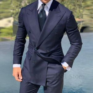 Vestes Navy Blue Double Breasted Veste Costume Homme Men Suits Tuxedo Groom Wedding Slim Fit Terno Masculino Blazer 1 Piece