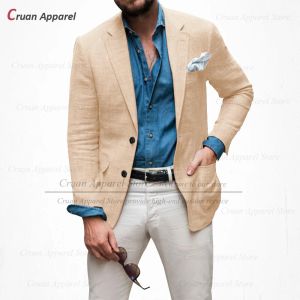 Vestes Nouveau Beige lin hommes Blazer coupe ajustée classique été plage bal mariage costume veste pour hommes sur mesure affaires mince manteau 1 pièce