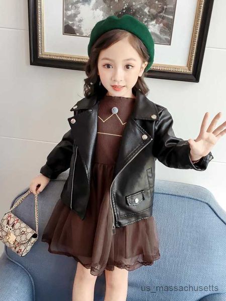 Jackets nuevas chicas chicas negras cremallera chaqueta para niños chaqueta de cuero para bebé primavera otoño fresco abrigo para niños 2-14t R230812