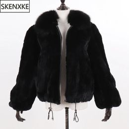 Vestes Nouveau femmes hiver épais naturel réel Rex manteau de fourrure de lapin dame chaud qualité 100% véritable veste de fourrure de lapin Rex avec col de fourrure de renard