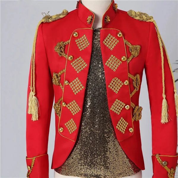 Vestes boîte de nuit hommes chanteurs vêtements de performance rouge robe courbe frange épaulet rivet veste collier slim blazer manteau de scène costume