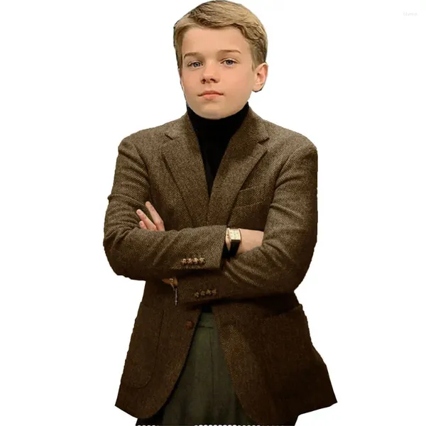 Vestes à revers cranté pour enfants, manteau élégant à simple boutonnage, vêtements d'extérieur décontractés en Tweed à chevrons pour garçons