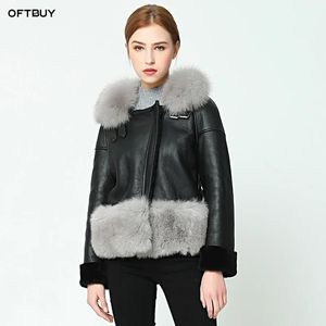 Jackets oftbuy 2022 Nieuwe casual winterjas jas vrouwen dubbele bont jas met vossen kraag echte lederen jas warme wollen voering