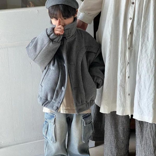 Vestes pardessus coréen vêtements pour enfants saison d'hiver garçons filles manteau gris court vêtements d'extérieur en coton bouton col rabattu