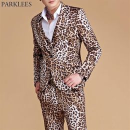 Giacche Pantaloni Uomo Abito con stampa leopardata Casual Slim Fit One Button Set 2 pezzi Abiti Cantante da matrimonio DJ Stage Plus Costumi Homme 2242o