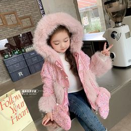 Vestes Veste en peluche pour filles Mode d'hiver Rose Brillant Manteau de fourrure pour enfants Vêtements d'extérieur à capuche Gant chaud Combinaison de neige pour enfants CH198 231026