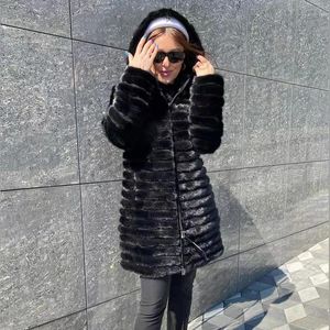 Jackets Real Fur Mink Coats Hooded Women Echte nertsen Bont jas Winter Lange dikke Warm Black Jackets Ladies Maat 2xl 3xl 4xl 5xl 6xl 7xl