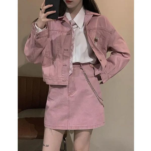 Ensemble deux pièces en Denim pour femmes, veste rétro rose, jupe en Denim, mode coréenne, col rabattu, veste courte + Mini jupe, nouvelle collection été 2021