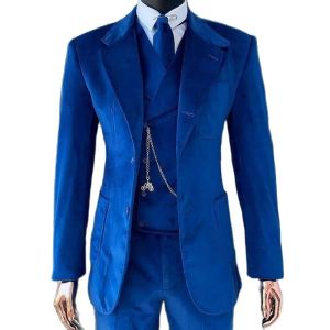 Vestes Royal Blue Velvet Men Costumes pour le mariage Slim Fit Custom Groom Tuxedo 3 pièces Veste Veste avec pantalon Costume de mode masculin 2022