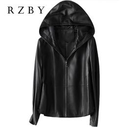 Vestes Rzby Femmes 100% réelle veste à capuche en manteau de mouton printemps 2020 mode Vestes en cuir authentiques Chaqueta Mujer Top Quality