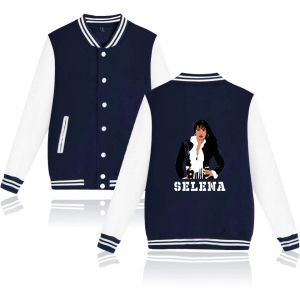 Vestes Selena Quintanilla Veste de baseball Femmes Men Harajuku Extérieur Vestes décontractées Automne Blanc + Navy Blue Round Neck Veste Baseball