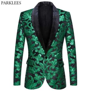 Chaquetas Verde brillante Floral Lentejuelas Esmoquin Blazers Hombres Un botón Cuello chal Vestido Traje Chaqueta Fiesta Cena Boda Baile Cantante Traje