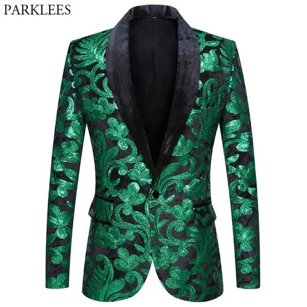 Vestes Brillant vert Floral paillettes smoking Blazers hommes un bouton col châle robe Costume veste fête dîner mariage bal chanteur Costume
