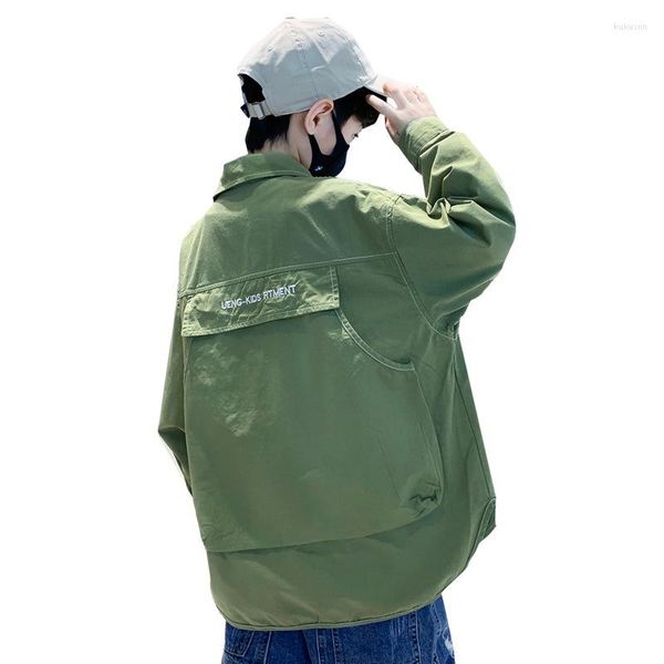 Vestes taille 120-170 grands garçons Design noir/vert sac à dos poche col chemise manteaux mode Streetwear tenue 13 14 ans