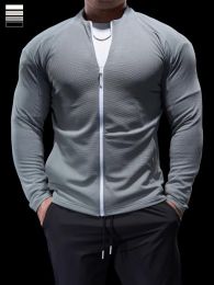 Jackets Sports Fitness Jacket Men Autumn Elastic Quickdrying Slim Longsleeved Gym Training Clothes Outdoor Running Standup Zipper Top