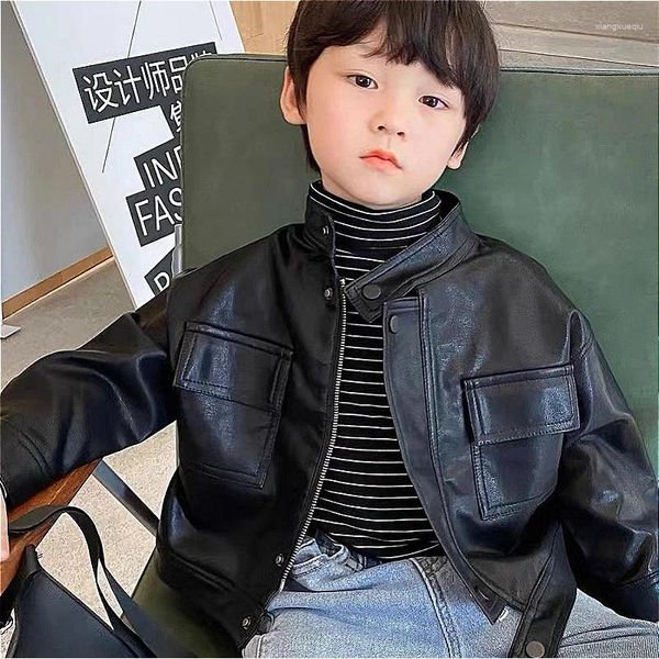 Jackets Spring Autumn Children Coat Cool Cool Girls Chain Chaqueta de cuero Collar Pockets Zipper PU Niños sólidos Outerwear 2-8 años