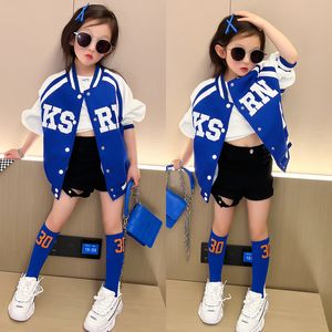 Jackets Spring herfst Girls jas baby jas peuter jas kinderkleding tiener honkbal outfit contrast kleur brief patch 5-14y 230817