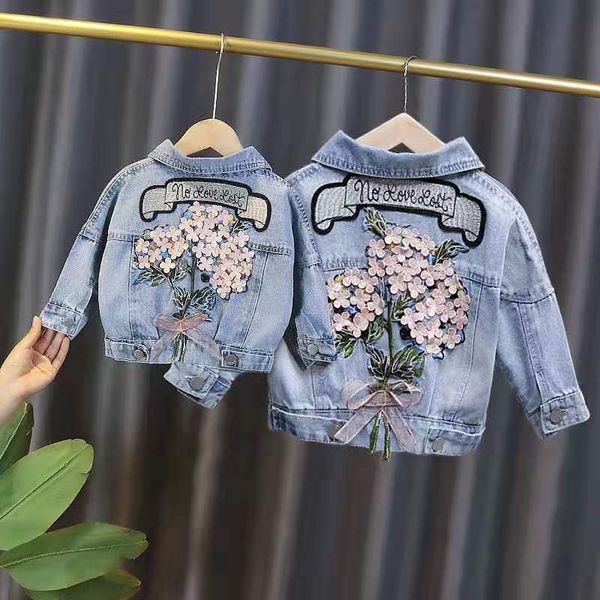 Chaquetas Primavera Otoño Niños Chaquetas de mezclilla para niñas Bebé Flor Bordado Abrigos Moda Niño Niños Outwear Ripped Jeans Chaquetas conjuntos 230728