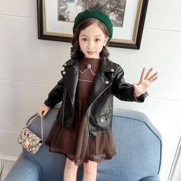 Jackets Spring Fashion Jacket Autumn Girls Street Style Toddler Long-mouwen Kleding Kind Zwart Leather Jacket Baby Girl Coats 230313