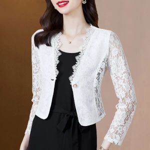 Vestes printemps été femmes manches courtes haussement d'épaules dentelle évider couleur unie Cape Cardigan Shurg femme petit châle vêtements légers E47