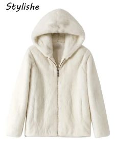 Vestes élégant à capuche en fausse fourrure manteau femmes hommes zipper zipper manteaux d'hiver blancs femelles femelles moelleuses épaisses veste couple