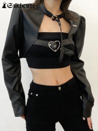 Jassen SUCHCUTE Gothic Bandage Leren Jas Dames Winter Punk Stijl Streetwear Crop Cost Dark Academische Lange Mouw Slanke Zwarte Uitloper