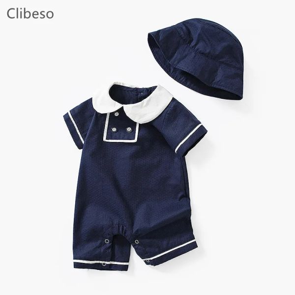 Chaquetas Monos de verano para bebé, peleles con cuello Peter Pan para niño pequeño, monos de manga corta, ropa azul marino para bebé (niño o niña)