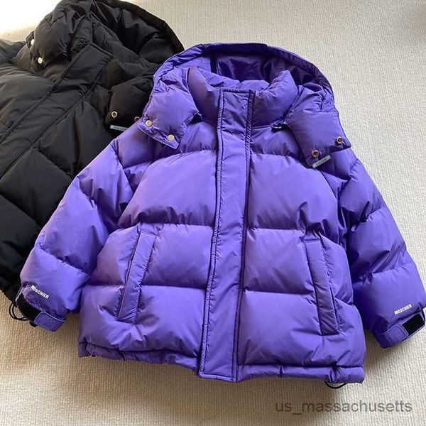 Jackets súper cálidos capuchas parkas chicas moda brillante negro púrpura a prueba de viento de invierno para niños recubrimientos casuales r230812