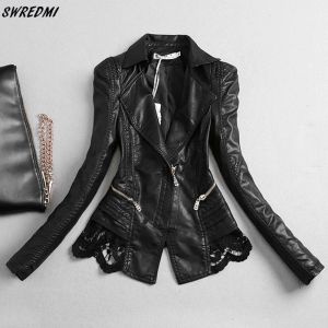 Vestes Swredmi Veste en cuir féminine 2022 Nouvelle mince moteur mince en lace