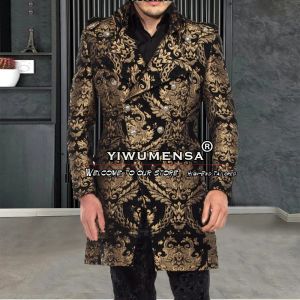 Vestes Tailormade Suit Vestes Black / Gol Floral Men's Trench Coat Long Vintage Jacquard Blazer Double Basted Set Business Outwear