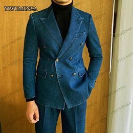 Vestes Costumes sur mesure hommes bleu Denim mariage smoking Double boutonnage manteau pantalon 2 pièces marié Blazer ensembles mâle mode robe d'affaires