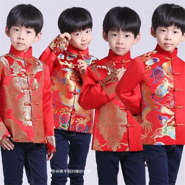 Vestes Tang Costume Rouge Traditionnel Chinois Vêtements Pour Hommes Enfants Garçon Hanfu Top Dragon Imprimer Satin Kungfu Année Fête