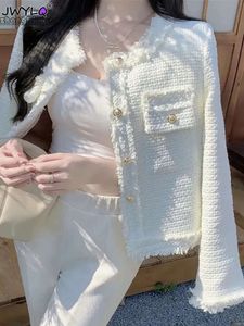 Vestes Pichet White's White Single Breasted Tweed Woolen Mabet Occotor O Neck Elegant Veste Outwear Automne Femmes coréennes dans les vêtements d'extérieur 231010