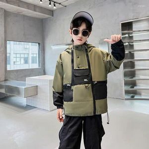 Vestes Veste à capuche pour garçons adolescents, fermetures éclair multiples, Patchwork, coupe-vent, Cargo, ample, décontracté, printemps-automne, vêtements pour enfants de 5 à 12 ans, 2024