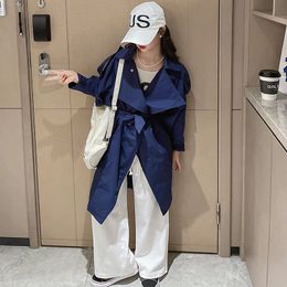 Jackets Teen Girls Navy Blue Long Trench Coat Fall Spring Kids Girl Mode Outfit Kleding 8 10 12 13 14 jaar 221010